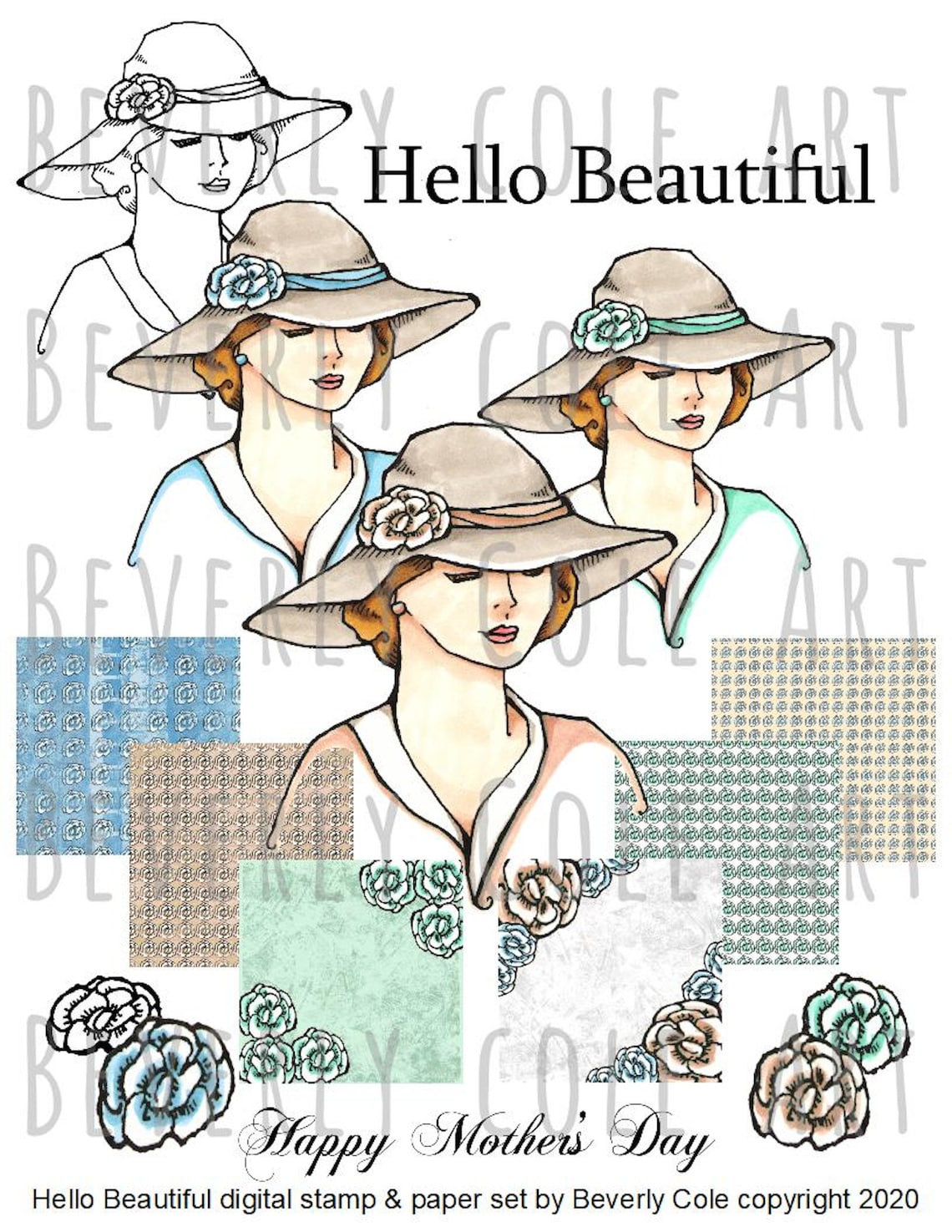 Hello Beautiful Digital Kit Stamps and Papers  resizable image 1