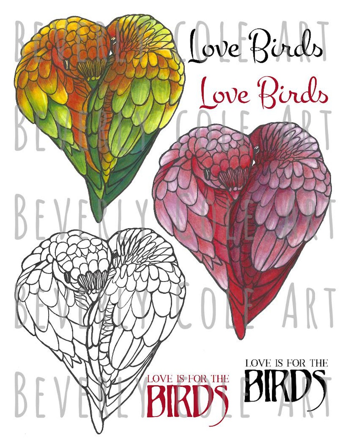 Love Birds Digital Stamp Set by Beverly Cole jpg png color image 1