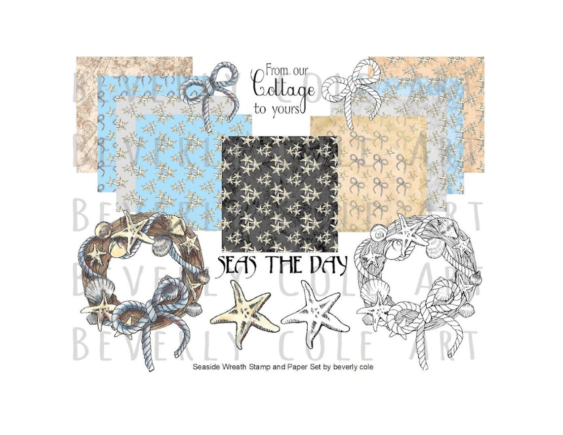 Seaside Wreath Stamp and Paper Kit. Resizable sets in color or image 0