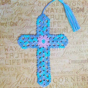 Hand Crocheted Flower-Cross Bookmark - In Shades of Blues & Lavenders - Flower Center -- Free 1st Class Shipping in USA --