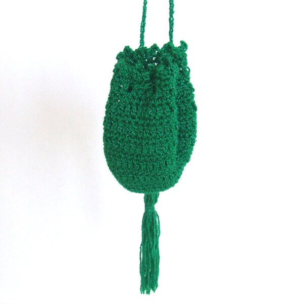Hand Crocheted Tiny Pouch - Coin Purse, Sachet Pouch, Trinket Keeper...Green With Satin Threads - CUTE Mini Bag!     Free Shipping!