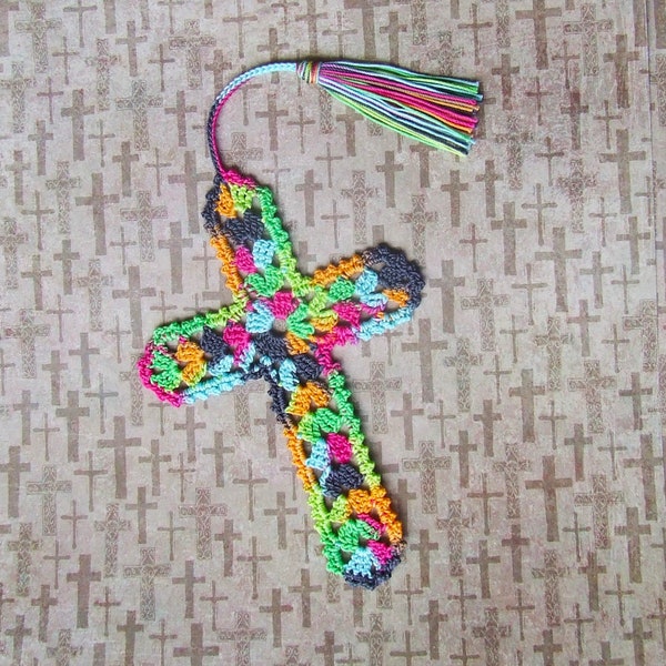 Hand Crocheted Cross Bookmark in Shades of Bright Colors - Crocheted with 100% Cotton Crochet - -- Free 1st Class Shipping in USA --