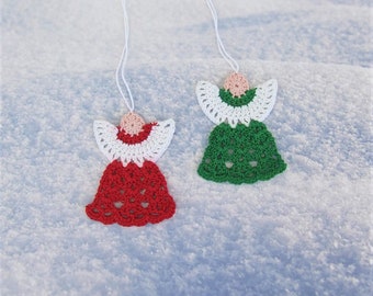 Hand Crocheted Christmas Angel Ornaments - Dressed In Lacey Red or Green Dresses