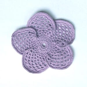 Irish Crochet Flower Applique Motif -- Hand Crocheted 4 1/2&quot; Wide Lavender Dimensional Flower Applique