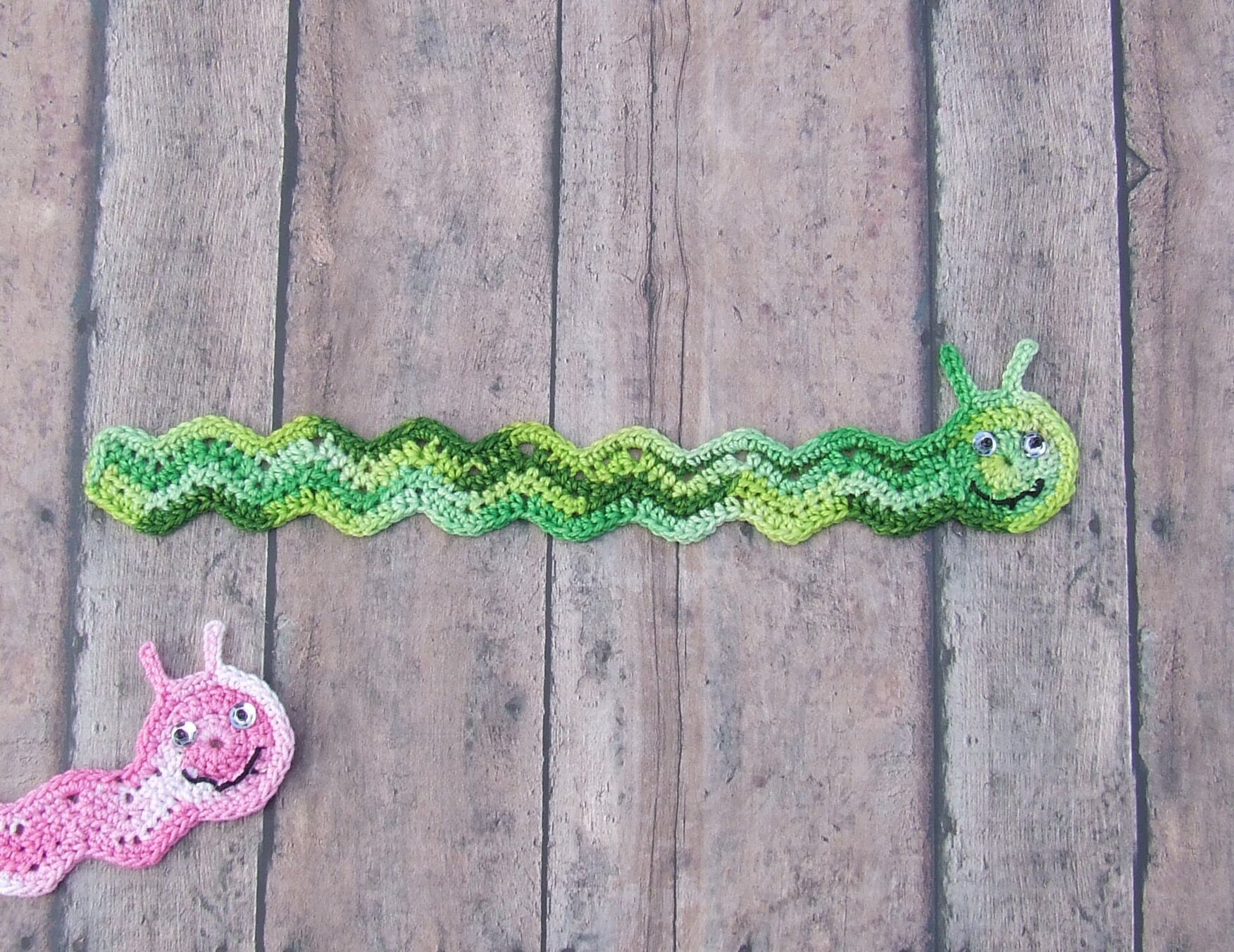 Hand Crocheted Bookworm Bookmark Cute Little Variegated Green Bookworm