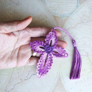 Hand Crocheted Cross Bookmark - In Variegated Purple/Lavender with a Purple Heart -- Free 1st Class Shipping in USA --