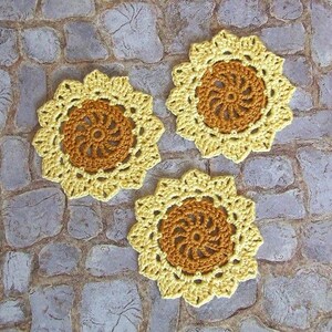 Hand Crocheted Sunflower Applique: 2.5" Yellow Cotton Floral Motif