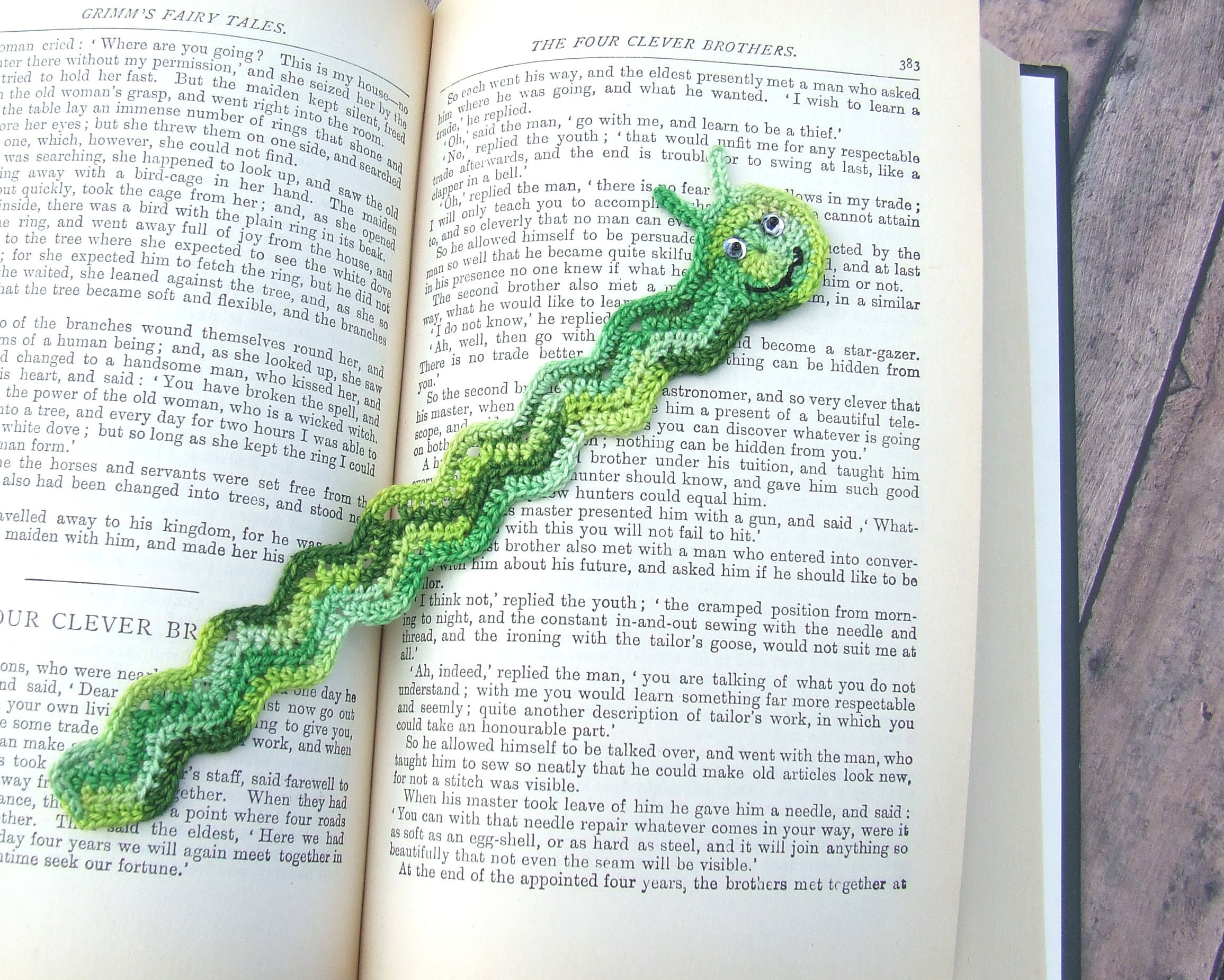 Hand Crocheted Bookworm Bookmark Cute Little Variegated Green Bookworm