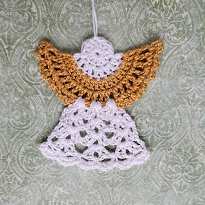 Hand Crocheted Angel Ornament – Iridescent White, Gold Wings