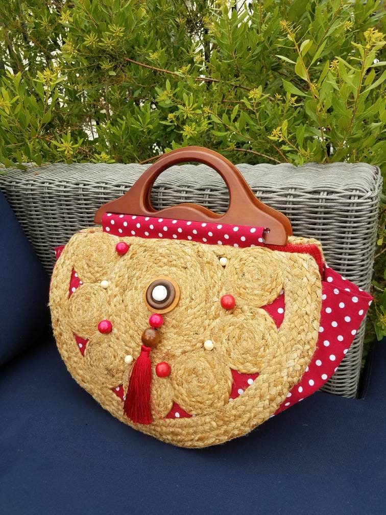 Bolso de mano con asa de madera tejido en mecate media luna | Etsy