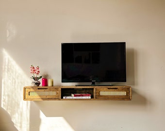 Schwimmende Tv-Konsole mit Rattan-Schubladen und Regal, Walnuss-Tv-Ständer, Medienkonsole, Eingangstisch, handgefertigte Möbel, massiver Eichenholztisch