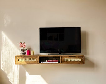 Floating Tv Console with Rattan Drawers and Shelf, Walnut Tv Stand, Media Console, Entryway Table, Handmade Furniture, Solid Oak Wood Table