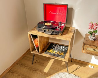 Record Player Stand, Media Console, Vinyl Record Storage, Turntable Station With Storage, Speaker stand, Mid Sentury Credenza - Metal Legs