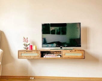 Floating Tv Stand with Rattan Drawers, Console Table, Hallway Wooden Table, Entryway Table, Narrow Media Console Shelf, Wall Mounted