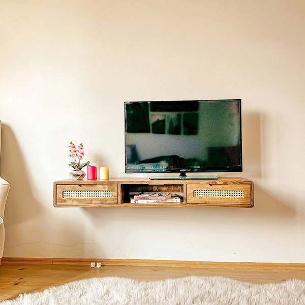 Floating Tv Stand with Rattan Drawers, Console Table, Hallway Wooden Table, Entryway Table, Narrow Media Console Shelf, Wall Mounted