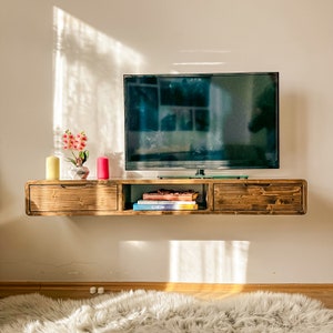 Floating TV Stand Wall Mounted with Drawers, Floating Entertainment Center, Wood Media Console Shelf, Walnut, Solid Wood Console Stand