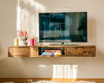 Soporte de TV flotante montado en la pared con cajones, centro de entretenimiento flotante, estante de consola multimedia de madera, nogal, soporte de consola de madera maciza