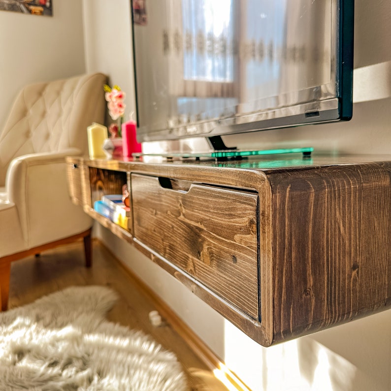 Floating TV Stand Wall Mounted with Drawers, Floating Entertainment Center, Wood Media Console Shelf, Walnut, Solid Wood Console Stand image 3