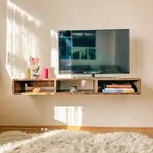 Floating TV Stand Wall Mounted with Drawers, Floating Entertainment Center, Wood Media Console Shelf, Walnut, Solid Wood Console Stand image 5