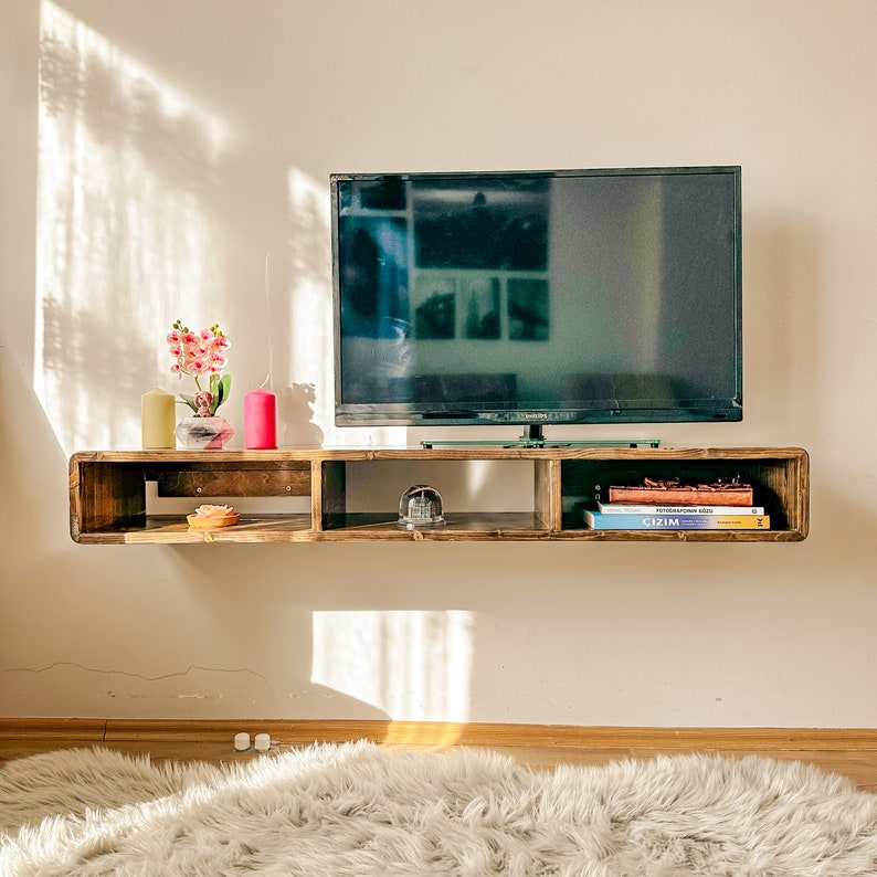 Floating TV Stand Wall Mounted with Drawers, Floating Entertainment Center, Wood Media Console Shelf, Walnut, Solid Wood Console Stand image 5