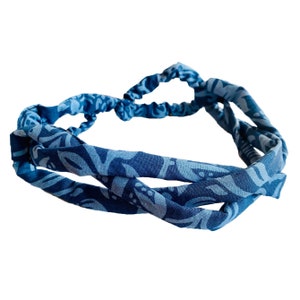 Light blue & slightly darker blue William Morris style printed cotton mens headband is comfy, soft and is elasticated at the back. Bands are plaited at the front as an interesting, subtle design detail.