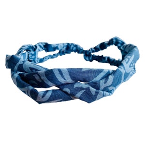 Light blue & slightly darker blue William Morris style printed cotton mens headband is comfy, soft and is elasticated at the back. Bands are plaited at the front as an interesting, subtle design detail.