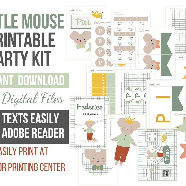 Printable Party Kit Little Mouse, Digital Party, Customized Party, Cake Toppers, Digital Invite, Kids Party Decor, Green Party, Favor Tags