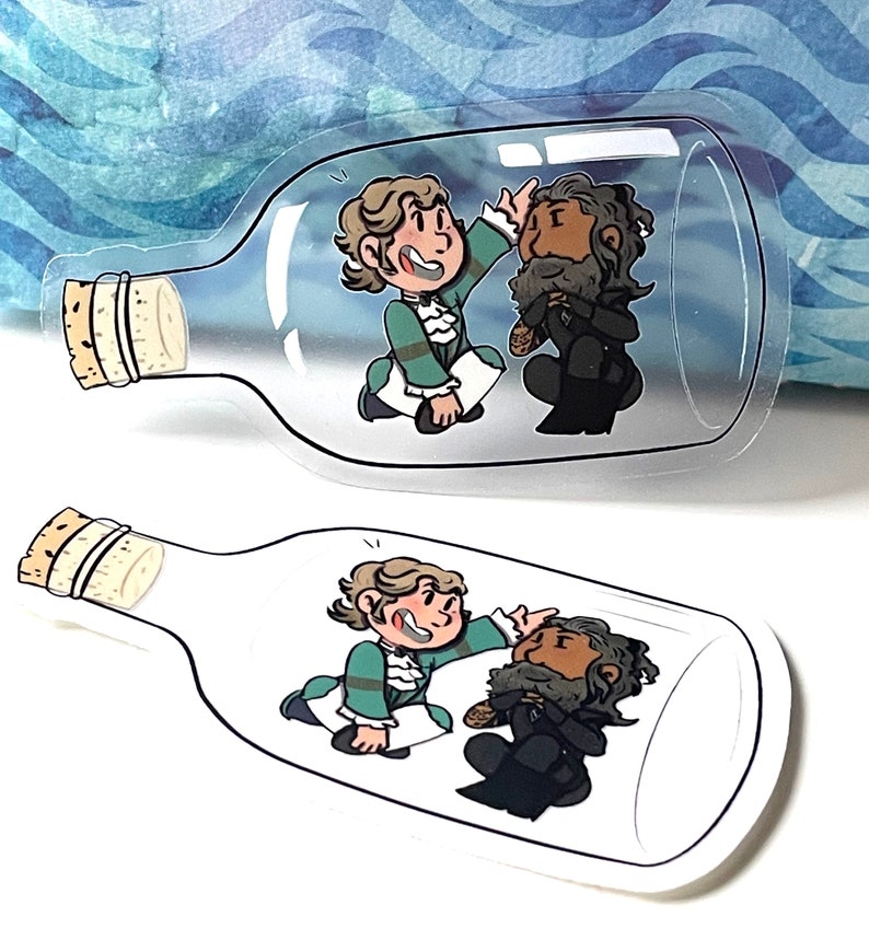 May include: Two cartoon characters are trapped inside a glass bottle. One character is wearing a green and white outfit and the other is wearing a black outfit. The bottle is clear and has a cork stopper.