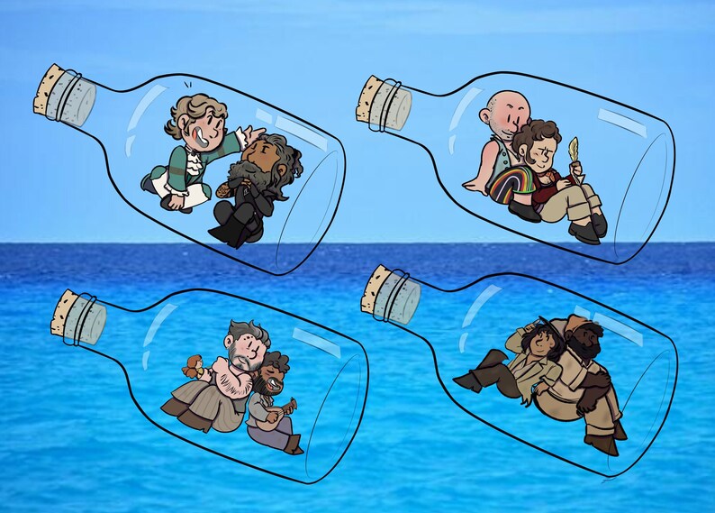 May include: Four glass bottles with cork tops are floating in the ocean. Each bottle contains two cartoon characters. The characters are all wearing different outfits and are in various poses.