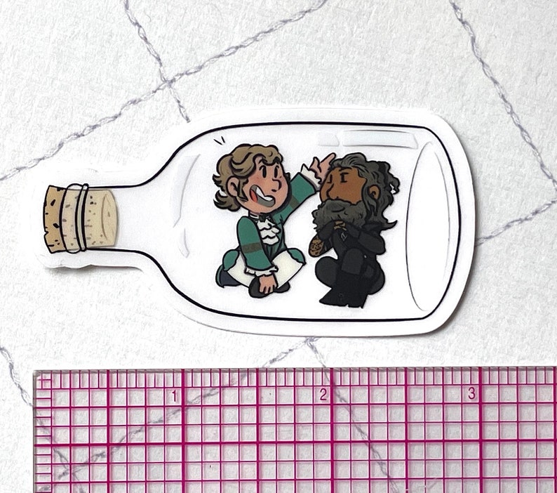 May include: A white glass bottle with a cork stopper, containing two cartoon figures. One figure is a man with brown hair and a green and white outfit, the other is a man with brown hair and a black outfit. The figures are looking at each other.