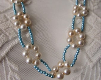 NECKLACE Faux Pearl and Baby blue beads, Statement feminine unique one of a kind