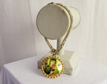Religious Bracelet Madonna and Child goldtone and blue chain 1980s Gift Christianity
