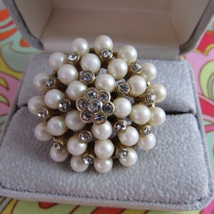 1970s Statement Ring adjustable Pearls and Rhinestones  Designer &quot;Stella & Dot Floral Elegant Ring