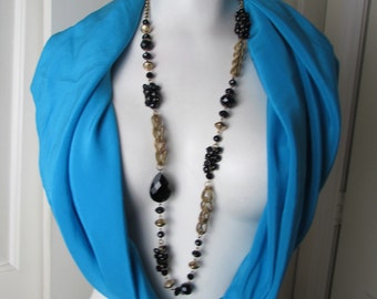Long Black Glass beaded necklace Gold tone chain  c. 1960