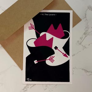 La carte de tarot des amoureux - impression 4 x 6 ou carte postale à envoyer par la poste - série magicien chat lunatique