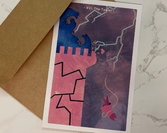 The Tower Tarot Card - 4x6 Print or Mailable Postcard - Whimsical Cat Wizard Series
