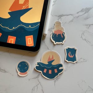 Sticker chat diseuse de bonne aventure - sorcière, sorcier, chaudron, boule de cristal, cartes de tarot - félins sorciers