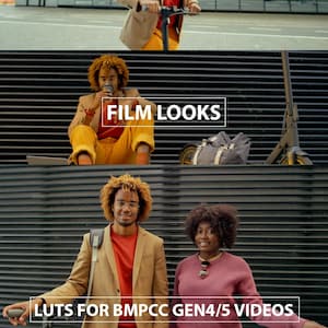 May include: A sequence of images showing a person on an electric scooter, sitting, and standing with another person. The person is wearing a red shirt, tan blazer, and yellow trousers. The text "THIAGO VIBESP", "FILM LOOKS", and "LUTS FOR BMPCC GEN4/5 VIDEOS" are visible.