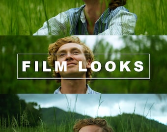 May include: A man with blond hair sits in a field of green grass. He is wearing a blue and white striped shirt. The text "THIAGO VIBESP" is in a white box at the top of the image. The text "FILM LOOKS" is in a white box in the middle of the image. The text "LUTS FOR ARRI CAMERAS" is in a white box at the bottom of the image.