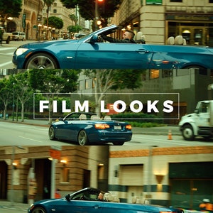 Puede incluir: Un coche descapotable turquesa circulando por una ciudad. El coche tiene asientos de cuero color beige y está en movimiento. La imagen incluye el texto "THIAGO VIBESP", "FILM LOOKS" y "PRESETS FOR RED R3D IPP2".