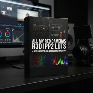 Op de afbeelding: Een zwarte doos met de tekst "ALL MY RED CAMERAS R3D IPP2 LUTS" en "+ RED R3D IPP2 COLOR GRADING MASTERY". De doos bevat een afbeelding van een RED-camera en een kleurenspectrumgrafiek. Een computermonitor en camera staan op de achtergrond.