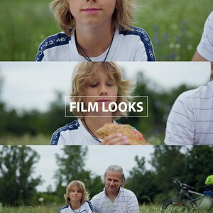 Puede incluir: Dos niños, uno mayor y otro menor, están sentados en un campo de hierba verde y flores silvestres. El niño mayor lleva una camisa blanca con un collar negro y el niño menor lleva una camisa blanca con una camisa a rayas azules y blancas. El texto "THIAGO VIBESP" está en la parte superior de la imagen y el texto "FILM LOOKS" está en el medio de la imagen. El texto "LUTS FOR ADOBE PREMIERE PRO" está en la parte inferior de la imagen.