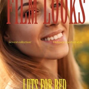 Op de afbeelding: Een vrouw met blond haar glimlacht naar de camera. De tekst "FILM LOOKS" staat in rode letters bovenaan de afbeelding. De tekst "LUTS FOR RED" staat in gele letters onderaan in het midden van de afbeelding. De tekst "PROFESSIONAL LOOKS" staat in kleinere gele letters onder de gele tekst.