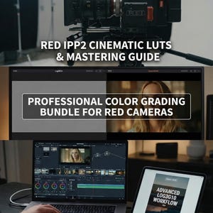 Op de afbeelding: Een professionele videoproductie-opstelling met een RED-camera, een laptop met kleurcorrectiesoftware en een tablet. Tekst bevat "RED IPP2 CINEMATIC LUTS & MASTERING GUIDE" en "PROFESSIONAL COLOR GRADING BUNDLE FOR RED CAMERAS."