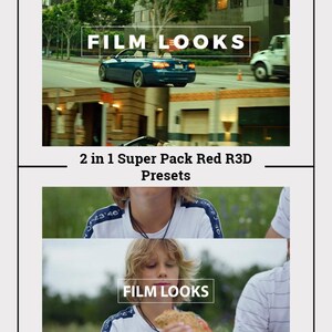 Op de afbeelding: Twee afbeeldingen die een blauwe cabriolet en een jonge jongen laten zien die een sandwich eet. Beide afbeeldingen zijn gelabeld met de tekst "FILM LOOKS" en de tekst "2 in 1 Super Pack Red R3D Presets".