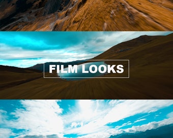 May include: A set of LUTs for GoPro LOG videos, designed to give your footage a cinematic film look. The image shows a mountain range with a blue sky and white clouds. The text "FILM LOOKS" is displayed in a white box on a blue background.