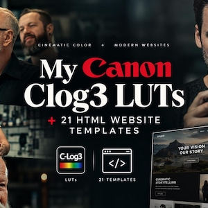 May include: A digital product bundle featuring Canon Clog3 LUTs and 21 HTML website templates. The text reads My Canon Clog3 LUTs, Cinematic Color + Modern Websites, and 21 HTML Website Templates, with icons for C-Log3 and code brackets.