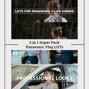 Op de afbeelding: Een collage van afbeeldingen die een set van 2 in 1 Super Pack Panasonic Vlog LUTS voor videobewerking laten zien. De tekst "LUTS FOR PANASONIC V-LOG VIDEOS" en "PROFESSIONAL LOOKS" wordt weergegeven in witte tekst op zwarte rechthoeken. De tekst "2 in 1 Super Pack Panasonic Vlog LUTS" wordt weergegeven in witte tekst op een zwarte lijn.