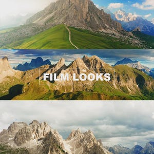 May include: A three-panel image featuring mountain landscapes. The top panel shows a mountain with a winding path and the text "THIAGO VIBESP". The middle panel displays a mountain range with the text "FILM LOOKS". The bottom panel shows a mountain range with the text "LUTS FOR DJI DRONES DLOG VIDEOS".