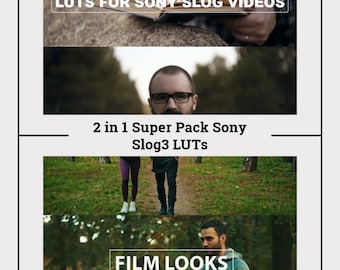 May include: A collage of images showcasing film looks for Sony Slog3 LUTs. The text "LUTS FOR SONY SLOG VIDEOS" is displayed in a white box. The text "2 in 1 Super Pack Sony Slog3 LUTs" is displayed in a white box. The text "FILM LOOKS" is displayed in a white box.